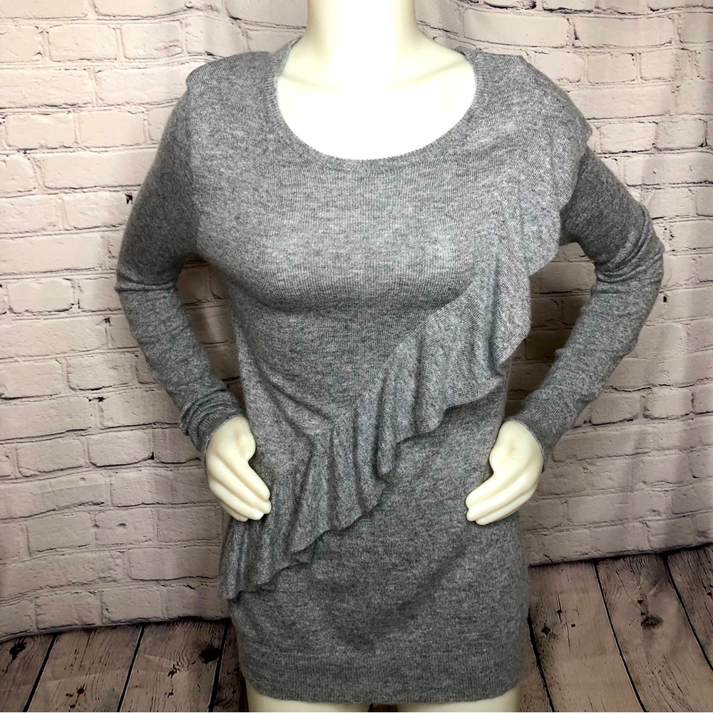 Saks Fifth Avenue Womens Asymmetrical ruffle gray wool mix Sweater
